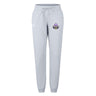 The Capitals Rugby NC Women's Leisure Sweatpant by EMB Canterbury features light gray organic cotton, a drawstring waist, ribbed cuffs, and a small purple and black "Capitals" logo on the upper left thigh for comfortable, stylish wear.
