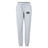 The EMB Canterbury Woodlands Youth Wolfpack Women's Leisure Sweatpant features a light gray color, drawstring waist, elastic cuffs, and a green and black animal logo on the left thigh. Made from soft organic cotton for comfort.