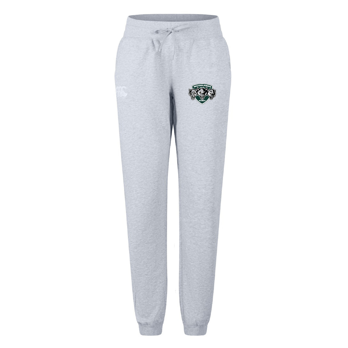The EMB Canterbury Woodlands Youth Wolfpack Women's Leisure Sweatpant features a light gray color, drawstring waist, elastic cuffs, and a green and black animal logo on the left thigh. Made from soft organic cotton for comfort.