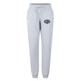 The EMB Canterbury Woodlands Youth Wolfpack Women's Leisure Sweatpant features a light gray color, drawstring waist, elastic cuffs, and a green and black animal logo on the left thigh. Made from soft organic cotton for comfort.