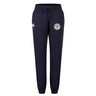 The White River Rugby Football Club Women's Leisure Sweatpant by EMB Canterbury features a navy blue color, drawstring waist, organic cotton, and white logos on both thighs—perfect as women's leisure sweatpants. Displayed on a white background.