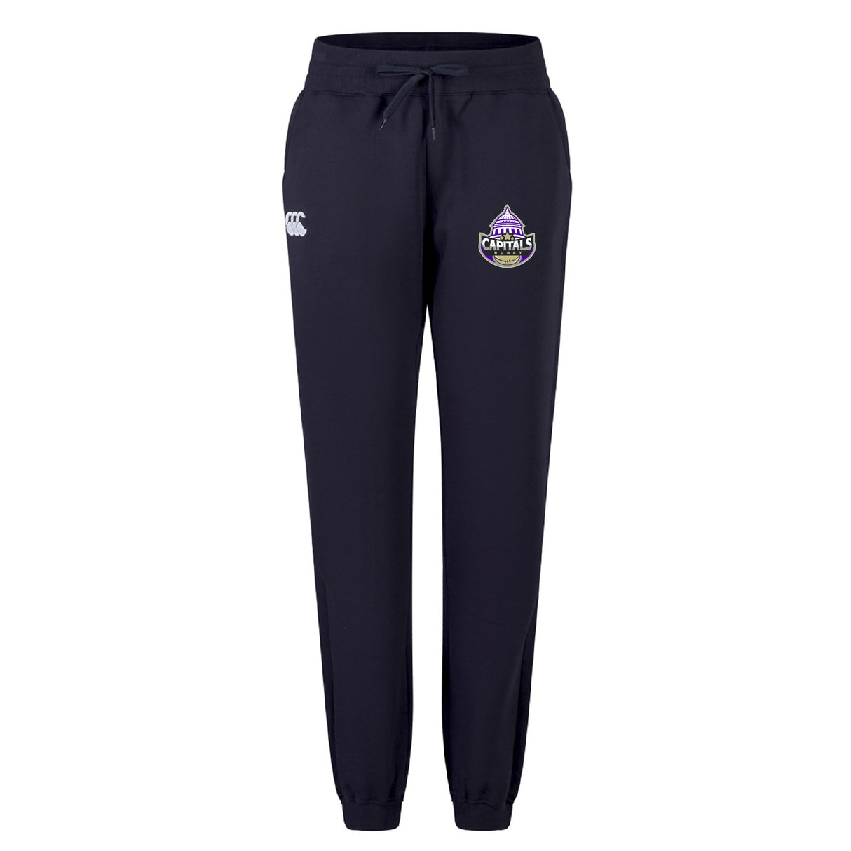 The Capitals Rugby NC Women's Leisure Sweatpant by EMB Canterbury is a navy blue organic cotton sweatpant with a drawstring waist, featuring the Canterbury logo on the left and a Royal Capitals badge on the right thigh.