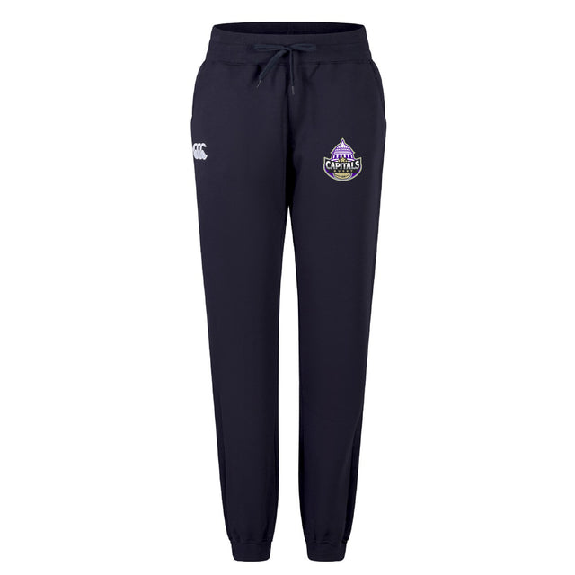 The Capitals Rugby NC Women's Leisure Sweatpant by EMB Canterbury is a navy blue organic cotton sweatpant with a drawstring waist, featuring the Canterbury logo on the left and a Royal Capitals badge on the right thigh.