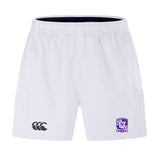 The Winona State University Advantage Short 2.0 by EMB Canterbury offers white performance shorts that showcase a logo on the left leg and an emblem on the right, all crafted from recycled content for sustainable sportswear.