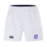 The Winona State University Advantage Short 2.0 by EMB Canterbury offers white performance shorts that showcase a logo on the left leg and an emblem on the right, all crafted from recycled content for sustainable sportswear.