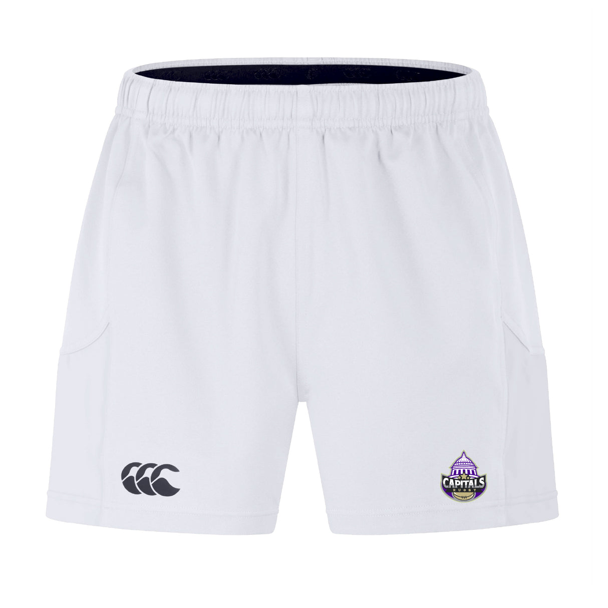 The Capitals Rugby NC Advantage Short 2.0 by EMB Canterbury is a white sportswear short featuring the Canterbury logo on the left leg and a Washington Capitals rugby logo on the right leg.