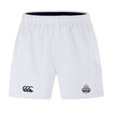 The Capitals Rugby NC Advantage Short 2.0 by EMB Canterbury is a white sportswear short featuring the Canterbury logo on the left leg and a Washington Capitals rugby logo on the right leg.