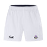 The Capitals Rugby NC Advantage Short 2.0 by EMB Canterbury is a white sportswear short featuring the Canterbury logo on the left leg and a Washington Capitals rugby logo on the right leg.
