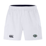 The Woodlands Youth Wolfpack Advantage Short 2.0 by EMB Canterbury features an elastic waistband, black Canterbury logo on the left leg, and a green crest on the right—designed for comfort and sustainability in every workout.
