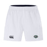 The Woodlands Youth Wolfpack Advantage Short 2.0 by EMB Canterbury features an elastic waistband, black Canterbury logo on the left leg, and a green crest on the right—designed for comfort and sustainability in every workout.