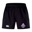 The Capitals Rugby NC Advantage Short 2.0 by EMB Canterbury is a black recycled athletic short featuring a white Canterbury logo on the left leg and a Washington Capitals logo on the right, ideal for fans wanting top performance sportswear.