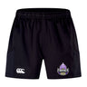 The Capitals Rugby NC Advantage Short 2.0 by EMB Canterbury is a black recycled athletic short featuring a white Canterbury logo on the left leg and a Washington Capitals logo on the right, ideal for fans wanting top performance sportswear.