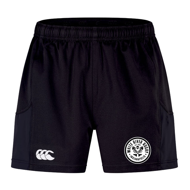 The White River Rugby Football Club Advantage Short 2.0 by EMB Canterbury features an elastic waistband, Canterbury logo on the left leg, and club branding on the right—a sustainable choice for players seeking performance sportswear.