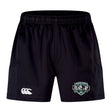 The Woodlands Youth Wolfpack Advantage Short 2.0 by EMB Canterbury offers black performance training with an elastic waistband, Canterbury logo on the left leg, and Woodland Wolves badge on the right—crafted for sustainable sportswear excellence.