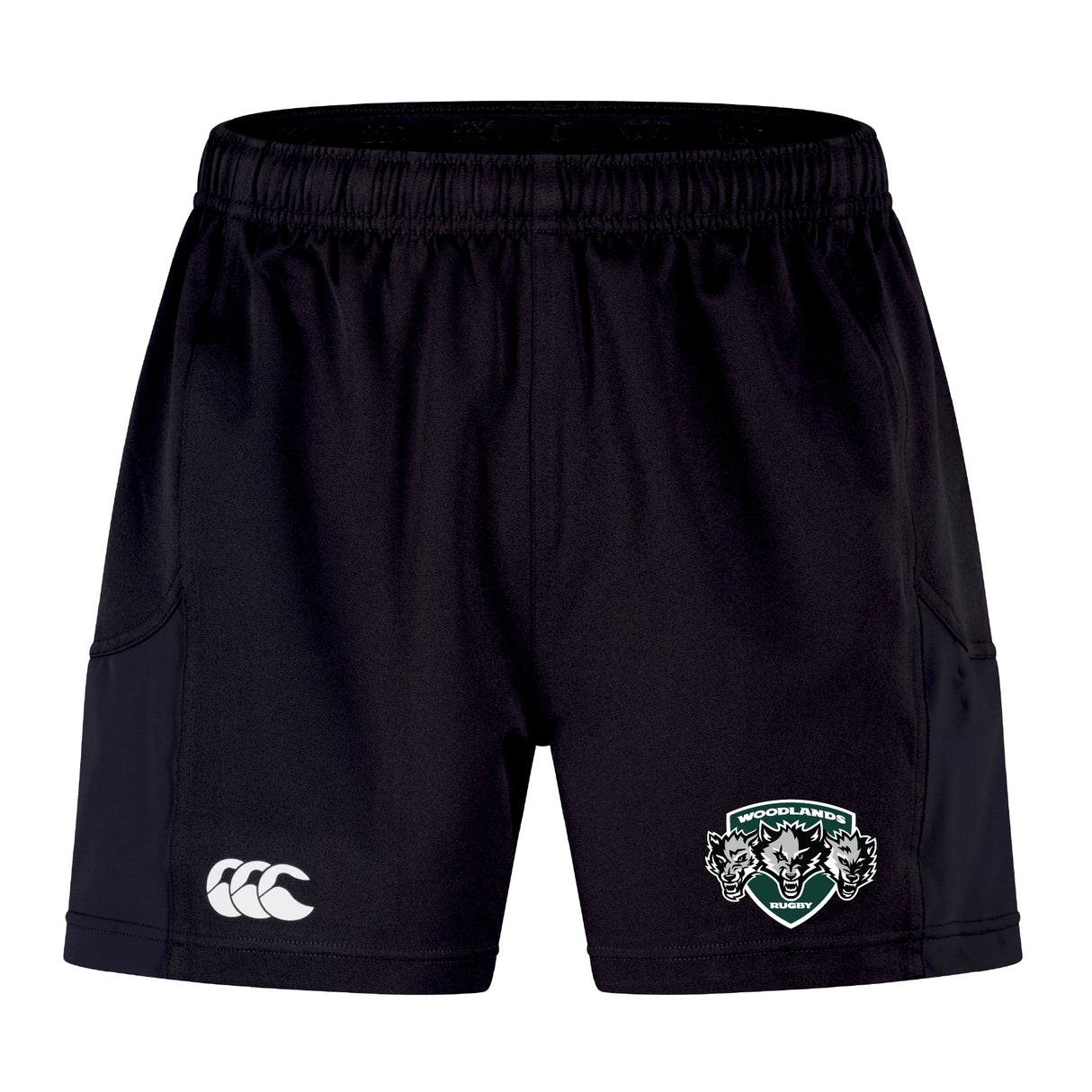 The Woodlands Youth Wolfpack Advantage Short 2.0 by EMB Canterbury offers black performance training with an elastic waistband, Canterbury logo on the left leg, and Woodland Wolves badge on the right—crafted for sustainable sportswear excellence.