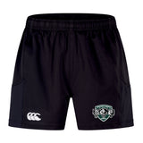 The Woodlands Youth Wolfpack Advantage Short 2.0 by EMB Canterbury offers black performance training with an elastic waistband, Canterbury logo on the left leg, and Woodland Wolves badge on the right—crafted for sustainable sportswear excellence.