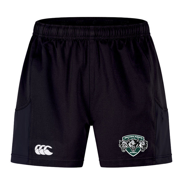 The Woodlands Youth Wolfpack Advantage Short 2.0 by EMB Canterbury offers black performance training with an elastic waistband, Canterbury logo on the left leg, and Woodland Wolves badge on the right—crafted for sustainable sportswear excellence.