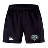 The Woodlands Youth Wolfpack Advantage Short 2.0 by EMB Canterbury offers black performance training with an elastic waistband, Canterbury logo on the left leg, and Woodland Wolves badge on the right—crafted for sustainable sportswear excellence.