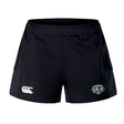 The Woodlands Youth Wolfpack Women's Advantage Short 2.0 by EMB Canterbury features black recycled fabric, a white Canterbury logo on the left leg, and a green and white embroidered team crest on the right leg.