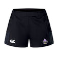 The Capitals Rugby NC Women's Advantage Short 2.0 by EMB Canterbury features black rugby shorts with the Canterbury logo on the left thigh and ACT Capitals team logo on the right, delivering sustainable performance and style.