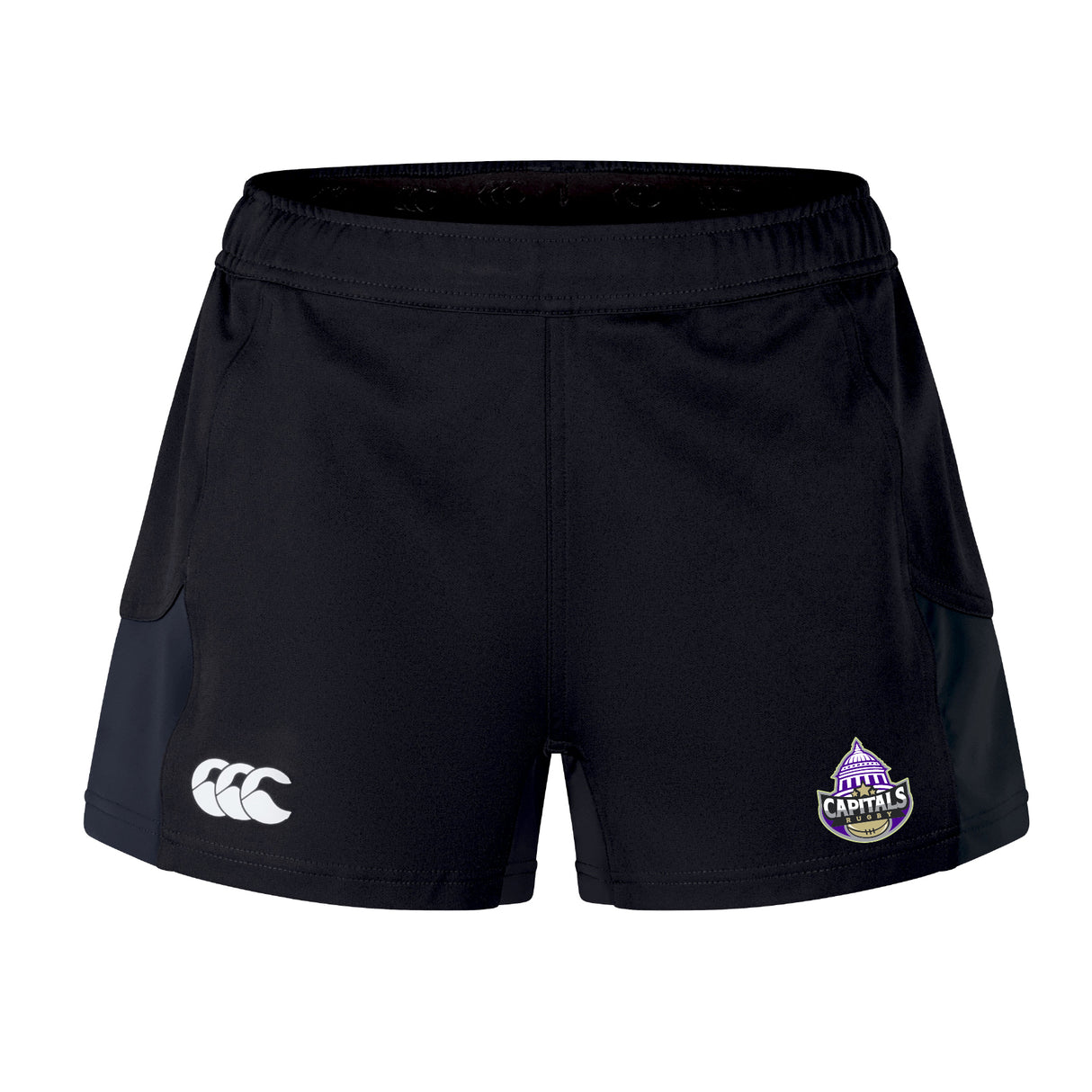 The Capitals Rugby NC Women's Advantage Short 2.0 by EMB Canterbury features black rugby shorts with the Canterbury logo on the left thigh and ACT Capitals team logo on the right, delivering sustainable performance and style.