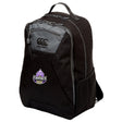 The Capitals Rugby NC Medium Backpack by EMB Canterbury features a black design with gray accents, side mesh pocket, padded laptop pocket, Washington Capitals logo patch, and water repellent material for stylish, comfortable gear carrying.