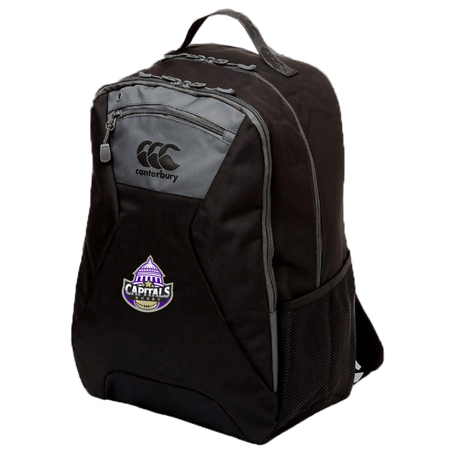The Capitals Rugby NC Medium Backpack by EMB Canterbury features a black design with gray accents, side mesh pocket, padded laptop pocket, Washington Capitals logo patch, and water repellent material for stylish, comfortable gear carrying.