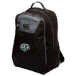 The EMB Canterbury Woodlands Youth Wolfpack Medium Backpack features gray zippers, a side mesh pocket, padded laptop pocket, green and white team logo, and a water-repellent design—ideal for daily use or going to practice.
