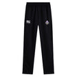 The Capitals Rugby NC Stretch Tapered Pant by EMB Canterbury features black stretch fabric, an elastic waistband, Canterbury branding on the left thigh, and a Melbourne Storm logo on the right—perfect for men's workouts.