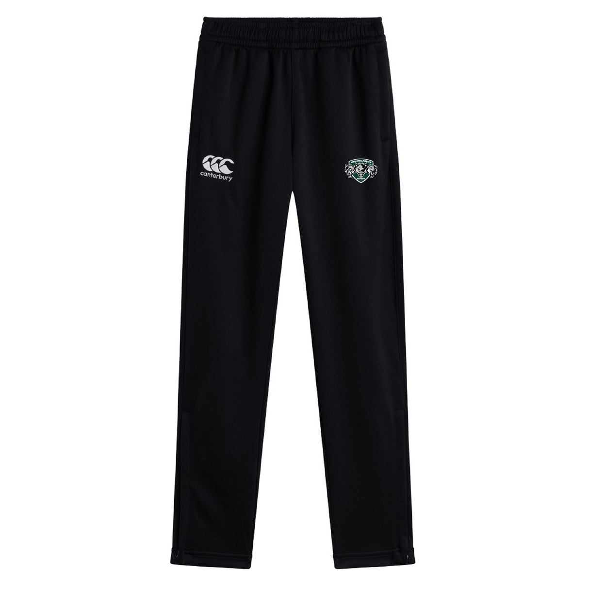The Woodlands Youth Wolfpack Stretch Tapered Pant by EMB Canterbury features an elastic waistband, Canterbury logo on the left thigh, embroidered team crest on the right, and quick-dry fabric for style and comfort in every workout.