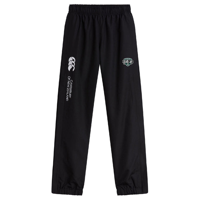 The Woodlands Youth Wolfpack Cuffed Hem Stadium Pant by EMB Canterbury features an elastic waistband, cuffed hem, Canterbury branding, and a sports team emblem—perfect for training or casual wear.