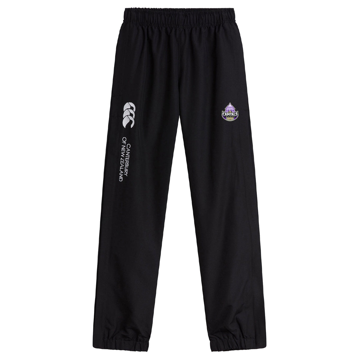 The Capitals Rugby NC Cuffed Hem Stadium Pant by EMB Canterbury features an elastic waistband, cuffed hem, brand logo, and round badge—perfect rugby pants blending style and performance.