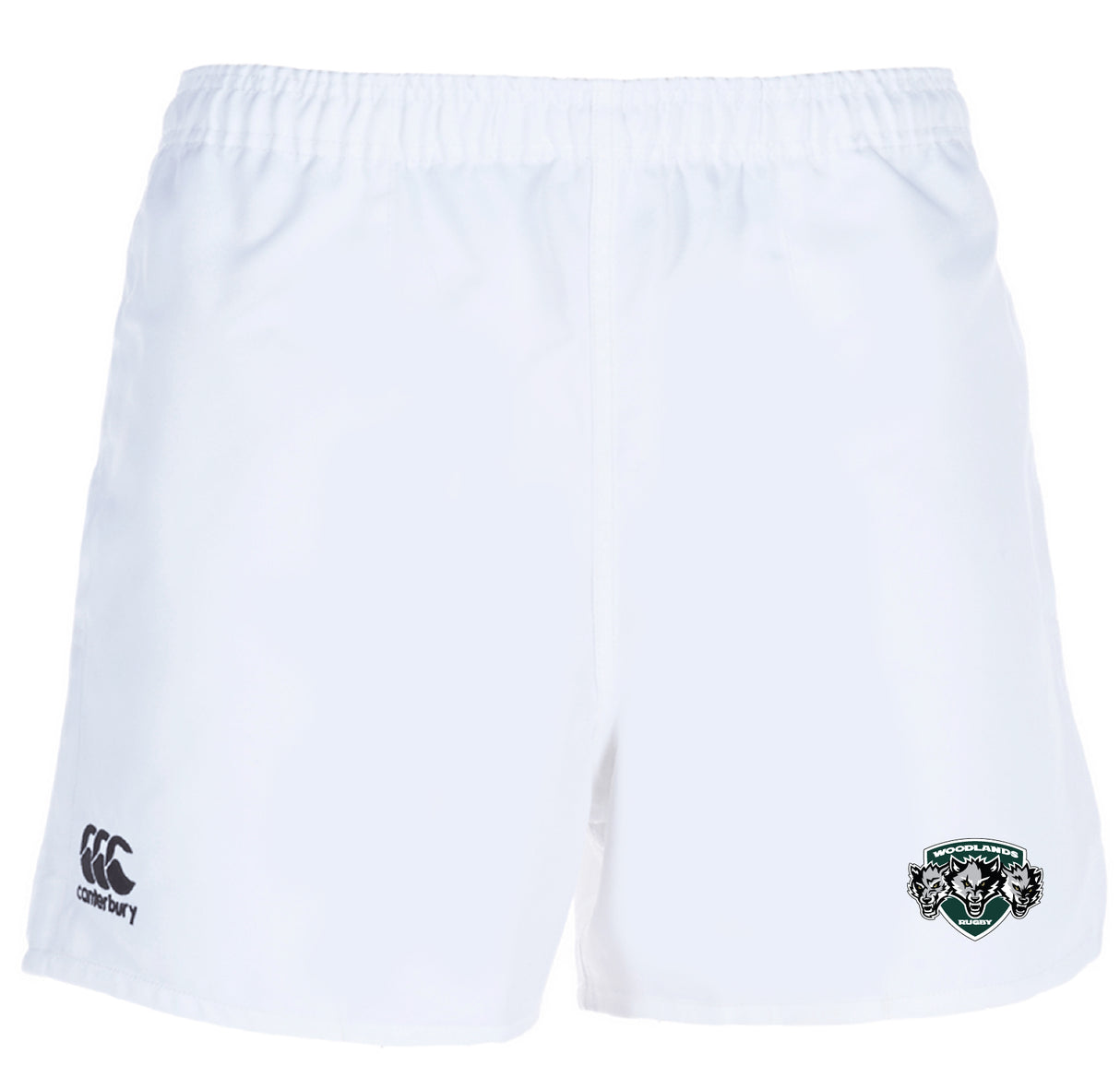 The Woodlands Youth Wolfpack Professional Polyester Rugby Short by EMB Canterbury features the CCC rugby shorts logo on the left leg and a green and black Wolfpack team crest on the right.