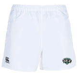 The Woodlands Youth Wolfpack Professional Polyester Rugby Short by EMB Canterbury features the CCC rugby shorts logo on the left leg and a green and black Wolfpack team crest on the right.