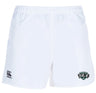 The Woodlands Youth Wolfpack Professional Polyester Rugby Short by EMB Canterbury features the CCC rugby shorts logo on the left leg and a green and black Wolfpack team crest on the right.