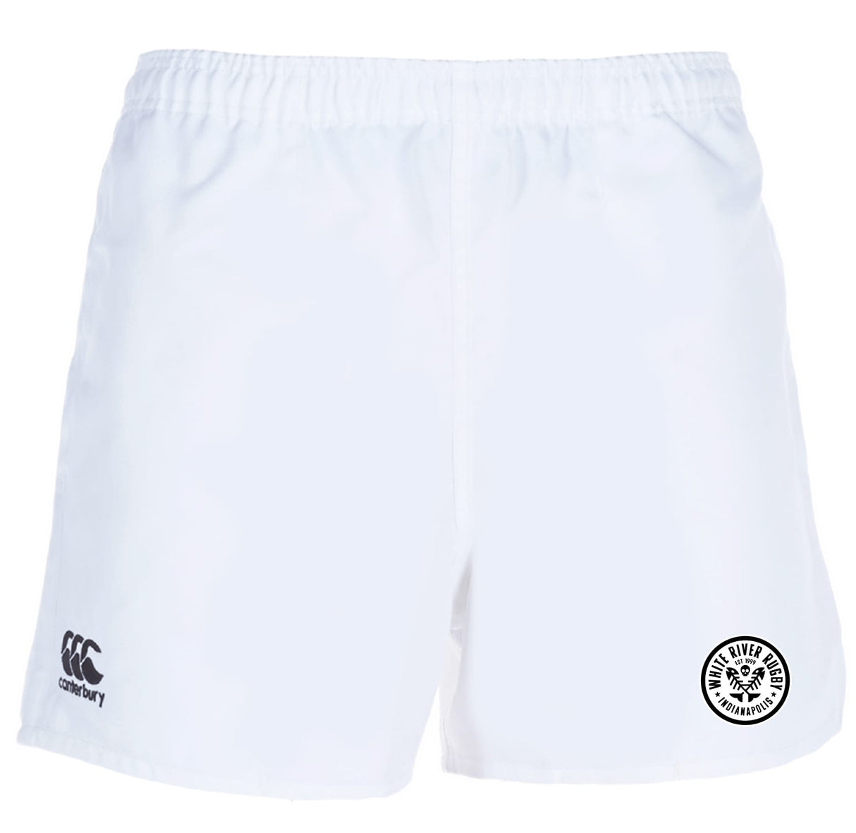 The White River Rugby Football Club Professional Polyester Rugby Short by EMB Canterbury features an elastic waistband, durable polyester fabric, a black Canterbury logo on the left leg, and a circular Wild River logo on the right.