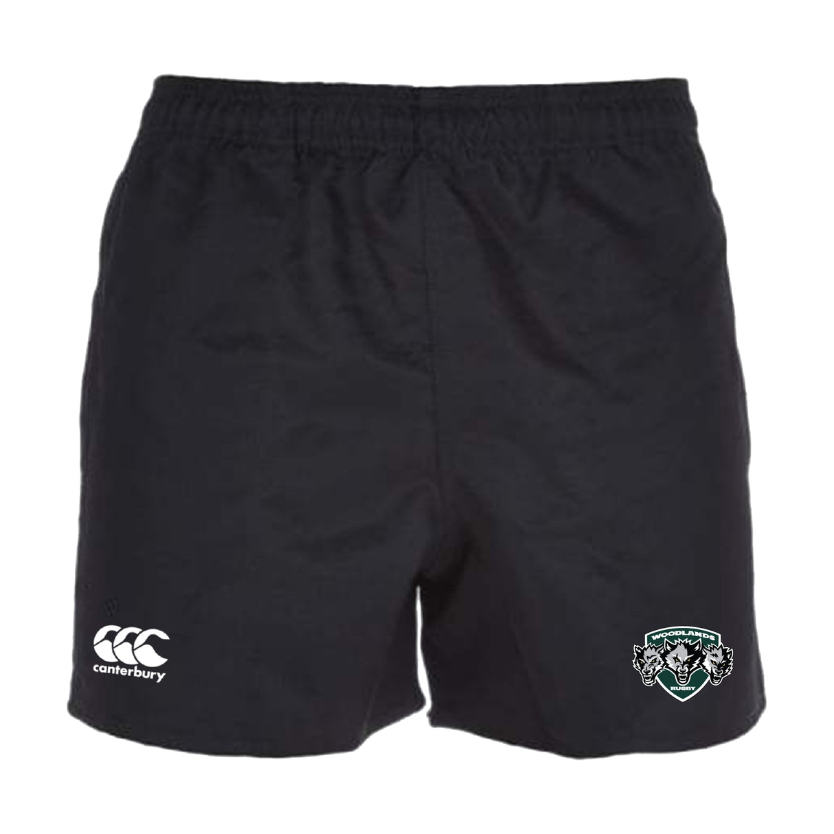 The Woodlands Youth Wolfpack Professional Polyester Rugby Short by Canterbury features the EMB Canterbury logo on the left leg and a Wolfpack team crest on the right leg.