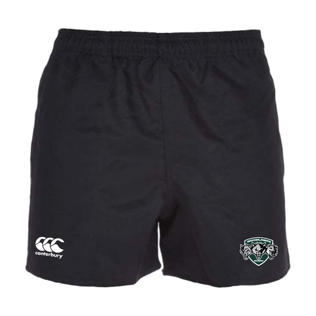 The Woodlands Youth Wolfpack Professional Polyester Rugby Short by Canterbury features the EMB Canterbury logo on the left leg and a Wolfpack team crest on the right leg.