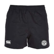 The White River Rugby Football Club Professional Polyester Rugby Short by EMB Canterbury features an elastic waistband, black fabric, a white "Canterbury" logo on the left leg, and a circular "Silver Wolves" logo on the right.