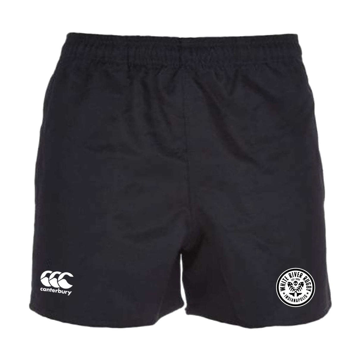 The White River Rugby Football Club Professional Polyester Rugby Short by EMB Canterbury features an elastic waistband, black fabric, a white "Canterbury" logo on the left leg, and a circular "Silver Wolves" logo on the right.