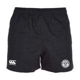 The White River Rugby Football Club Professional Polyester Rugby Short by EMB Canterbury features an elastic waistband, black fabric, a white "Canterbury" logo on the left leg, and a circular "Silver Wolves" logo on the right.
