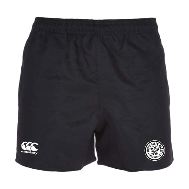 The White River Rugby Football Club Professional Polyester Rugby Short by EMB Canterbury features an elastic waistband, black fabric, a white "Canterbury" logo on the left leg, and a circular "Silver Wolves" logo on the right.