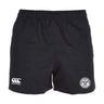 The White River Rugby Football Club Professional Polyester Rugby Short by EMB Canterbury features an elastic waistband, black fabric, a white "Canterbury" logo on the left leg, and a circular "Silver Wolves" logo on the right.