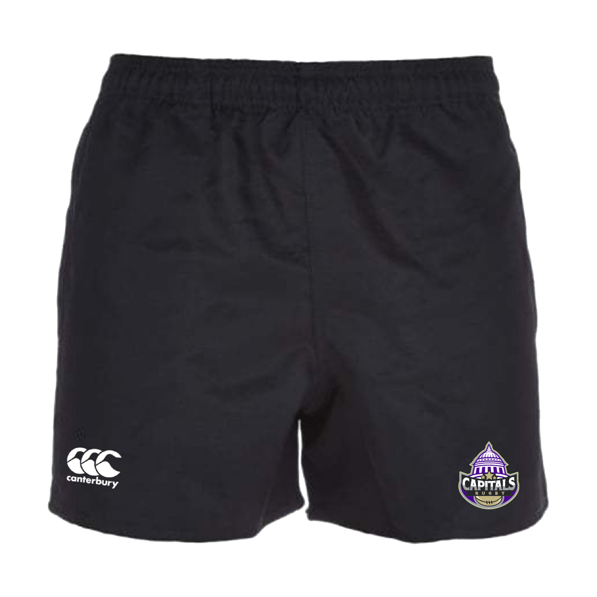 Stay cool and comfortable in the EMB Canterbury Capitals Rugby NC Advantage Rugby Shorts, featuring a white Canterbury logo on the left leg and a purple Brisbane Capitals logo on the right. Made with moisture-wicking fabric.