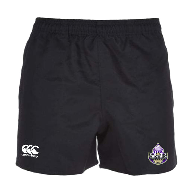Stay cool and comfortable in the EMB Canterbury Capitals Rugby NC Advantage Rugby Shorts, featuring a white Canterbury logo on the left leg and a purple Brisbane Capitals logo on the right. Made with moisture-wicking fabric.