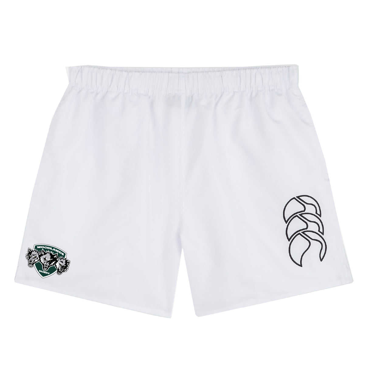 The Woodlands Youth Wolfpack Tactic Short by EMB Canterbury features an elastic waistband, a left-leg logo, and a right-leg team crest patch—perfect rugby shorts for training or match day.
