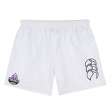 The Capitals Rugby NC Tactic Short by EMB Canterbury is a pair of white rugby shorts with a black Canterbury logo on the right leg and a purple Capitals team badge on the left, ideal for training sessions.