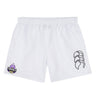 The Capitals Rugby NC Tactic Short by EMB Canterbury is a pair of white rugby shorts with a black Canterbury logo on the right leg and a purple Capitals team badge on the left, ideal for training sessions.