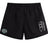 The Woodlands Youth Wolfpack Tactic Short by EMB Canterbury features a black design with an elastic waistband, white Canterbury logo on the right leg, and a green/white patch on the left—ideal for youth rugby or training.