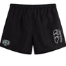The Woodlands Youth Wolfpack Tactic Short by EMB Canterbury features a black design with an elastic waistband, white Canterbury logo on the right leg, and a green/white patch on the left—ideal for youth rugby or training.